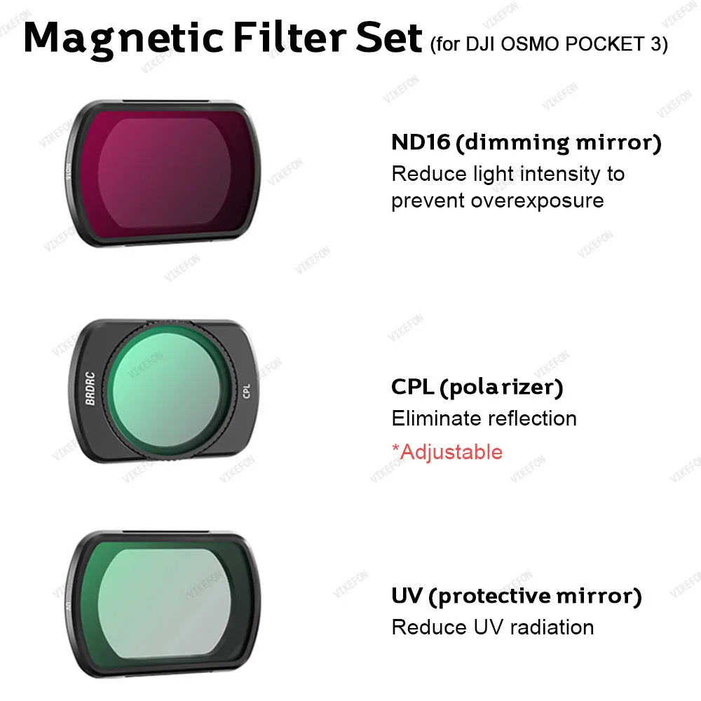 

УФ-защитное зеркало, зеркало с затемнением ND16 и регулируемый магнитный CPL-поляризационный фильтр для объектива, набор аксессуаров для DJI OSMO POCKET 3