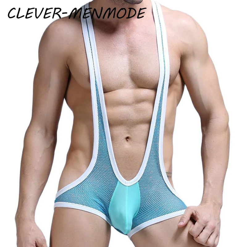 Mens Sexy Mesh Bodysuit G-string Bodywear Underwear Erotic Penis Pouch Thong Jumpsuits Suspender Sexy Underpants