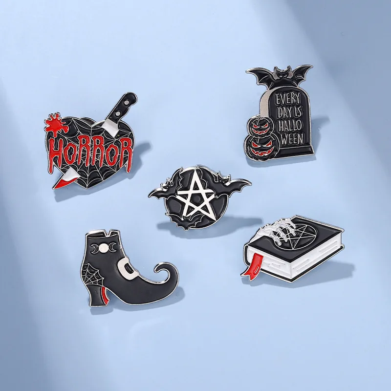 Horror Dark Enamel Pins Halloween Bat Magic Book Brooches Punk Knife Heart Witch Boots Lapel Badges Gothic Jewelry Accessories