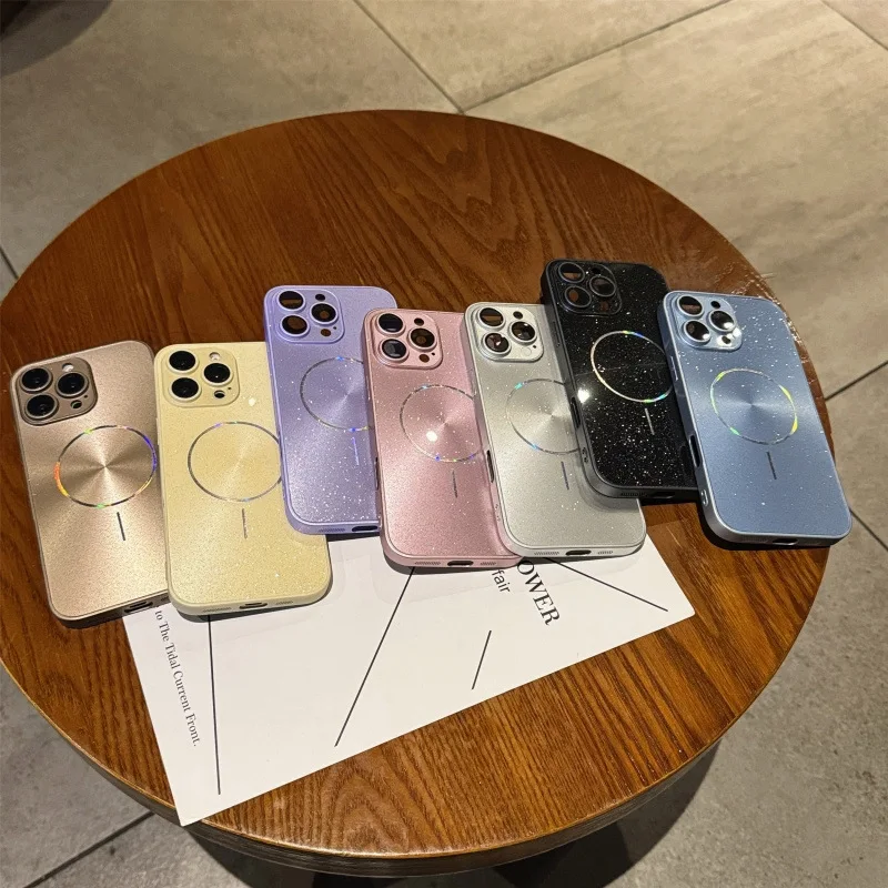 Luxuriöse einfarbige Glitzer-CD-Textur Aurora Laser-Magnet-Handyhülle für iPhone 16, 15, 14, 13, 12, 11, Pro Max, stoßfeste Abdeckung