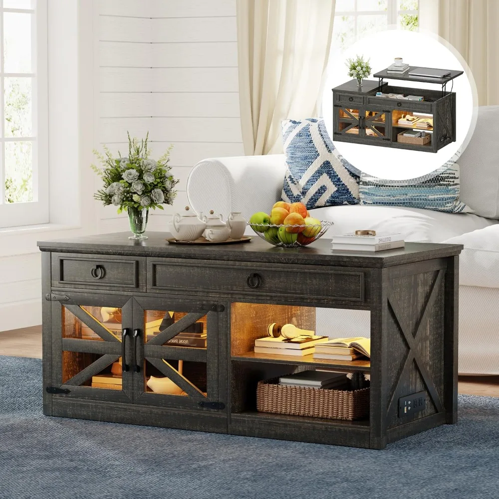 

48 W Farmhouse Lift Top Coffee Table with LED Lights & Charging Station, Living Room Center Table with 2 Hidden Storage