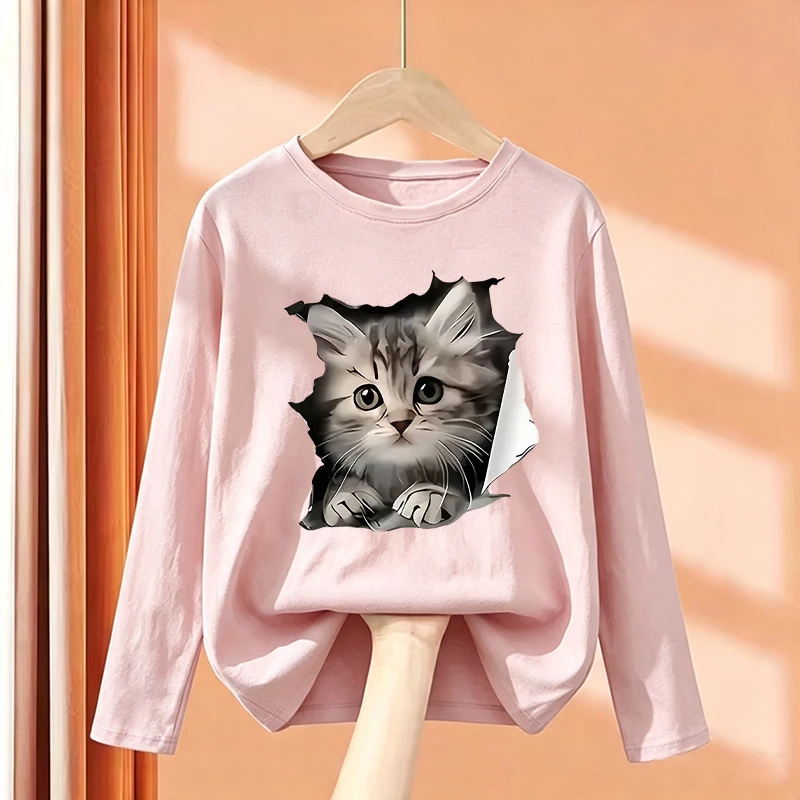 Cartoon Cute Cat Graphic Kids Tshirts Long Sleeve Tees Animal Boys Girls Clothes Kawaii Kitten Tops Y2K Children T-shirt