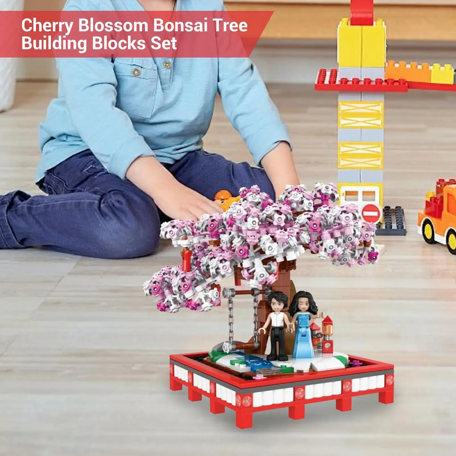 مجموعة بناء بونساي بزهر الكرز الجذعية، مجموعة طوب شجرة الزهور مع أرجوحة دوارة، ألعاب البناء التعليمية