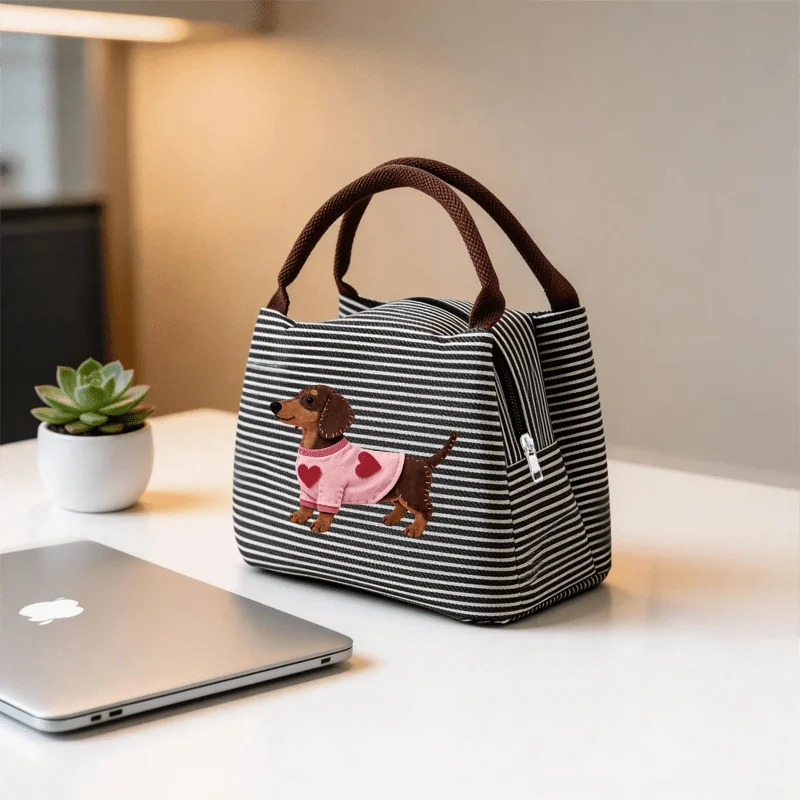 Tote Storage Bag, Featuring a Dachshund in a Pink Heart-patterned Sweater Against a Black and White Striped Background.
