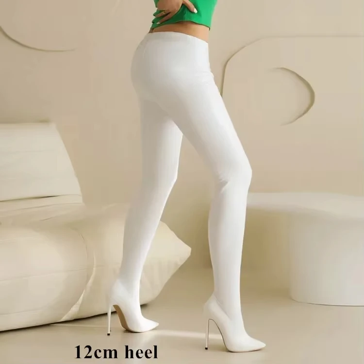 Sgesvier Sexy Stiletto Bright Patent Leather Trousers Boots Shoes Thin High Heels Black White Red Stretch Boots Pants Shoes