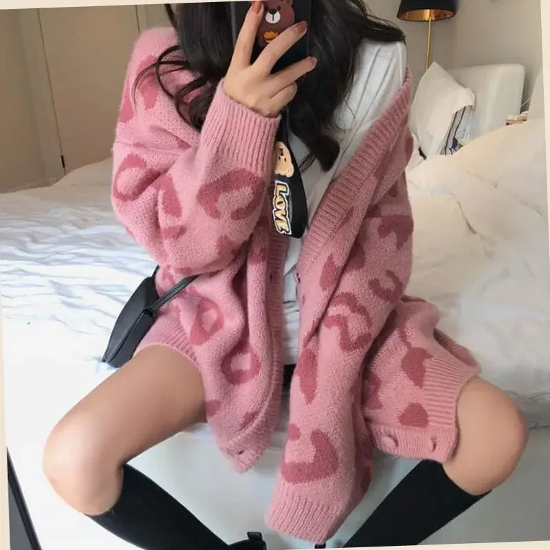 Woman Sweaters Cardigan Leopard-Print Sweater Coat Loose Spring V-neck Long-Sleeved Knitted Cardigan Sueters De Mujer