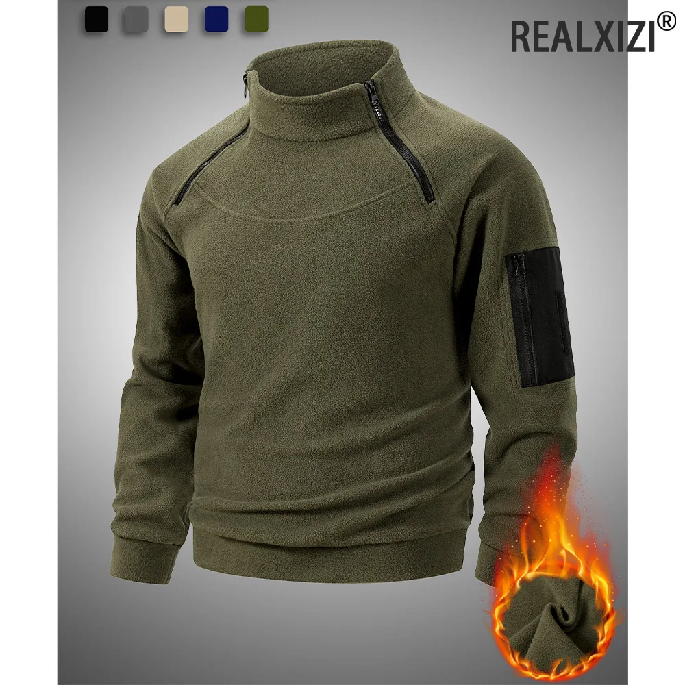 

Outdoor Men's Tactical Fleece Pullover Stand Collar Zipper Windproof Warm Coat Solid Color Hiking Casual Long Sleeve Sweatshirt