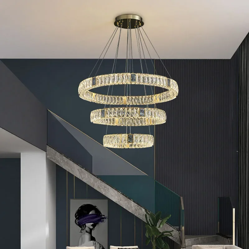 Modern Luxury LED Round Crystal Large Chandelier Lighting Villa Staircase Living Room Light Restaurant Pendant Lamp Hotel Hall