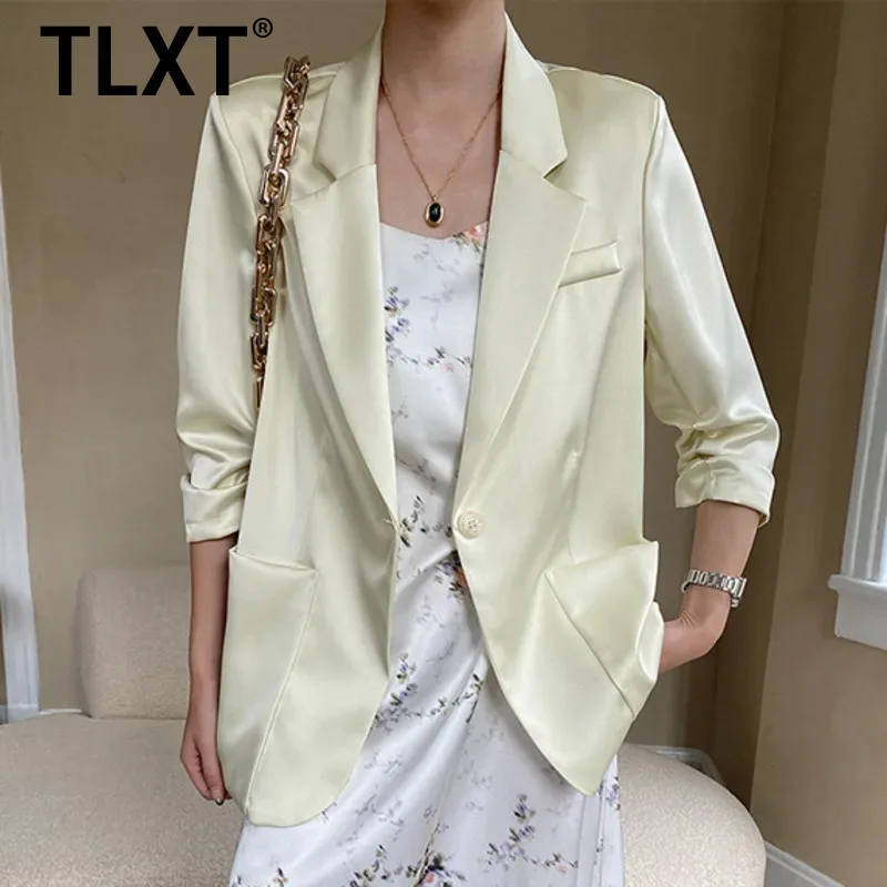 

TLXT элегантный женский минималистичный однотонный пиджак с лацканами на одной пуговице и длинными рукавами, женские летние пальто 202, новинка XK1257