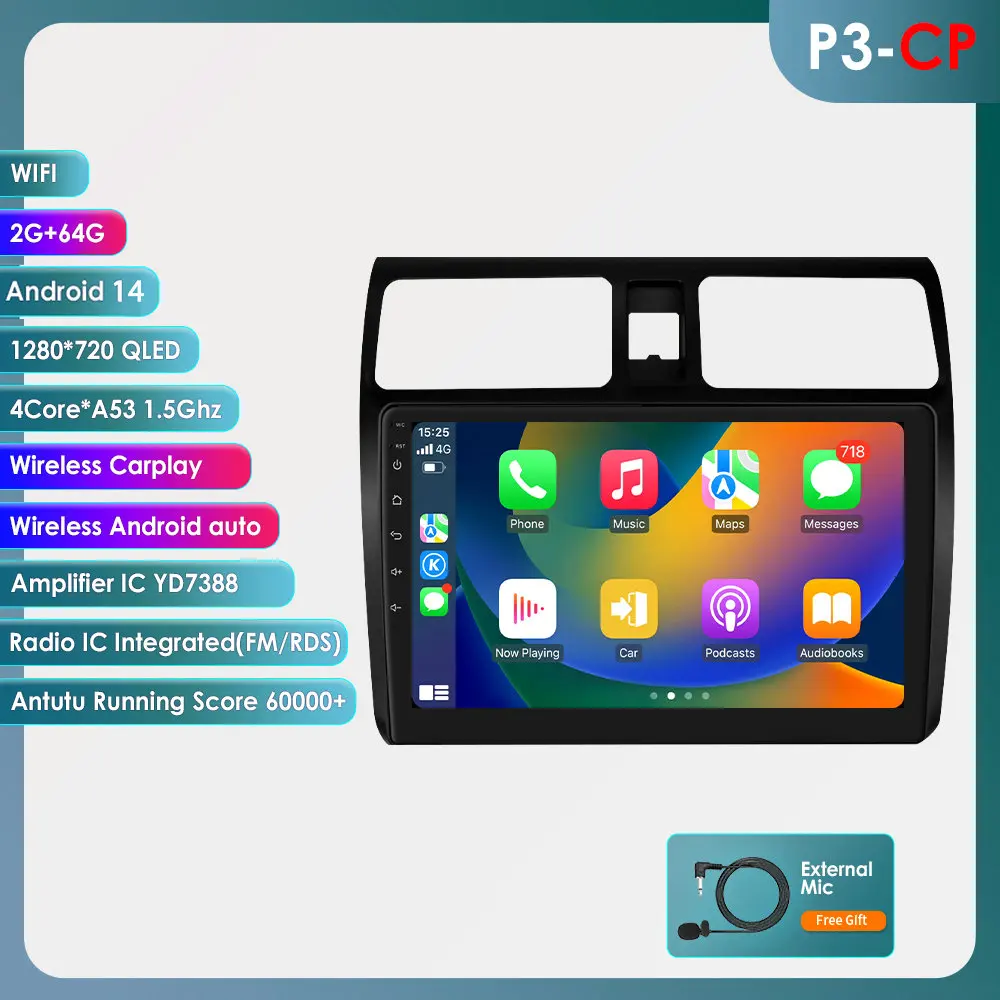 Carplay 4G 2 Din Android 14 Auto Multimedia Speler voor Suzuki Swift 2005-2010 Navigatie GPS AutoRadio Stereo DSP BT SWC DVR Cam