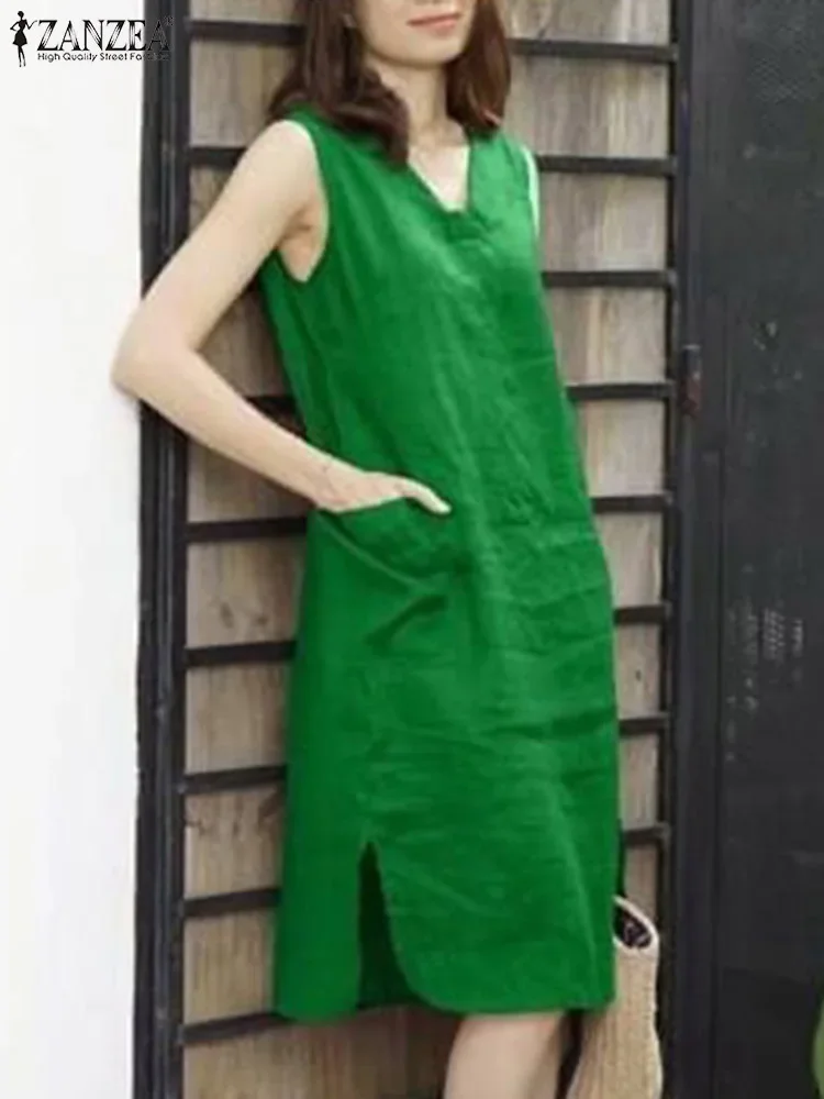 ZANZEA 2025 damska letnia długa sukienka bez rękawów Vintage V Neck kieszenie Tanks sukienka moda rozlana szata Casual luźne Vestidos
