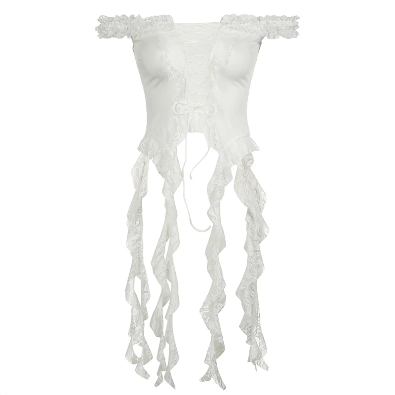 

Vacation Lace Streamer Strap Tube Top Pleated Lace Irregular Top