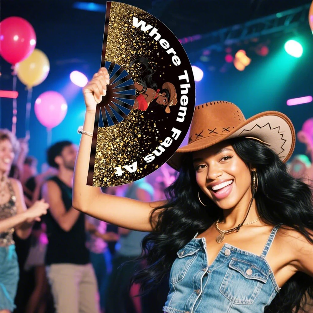 Western Line Dance Hand Fan Where Them Fans at Clack Fan Cowgirl Clacking Popping Fan for Country Dancing 26 Inch Folding Fans