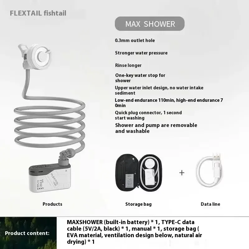 Flextail Max ducha impermeable IPX7, bomba de ducha eléctrica inalámbrica para acampar al aire libre, bombeo, alta presión, ahorro de agua, 305g