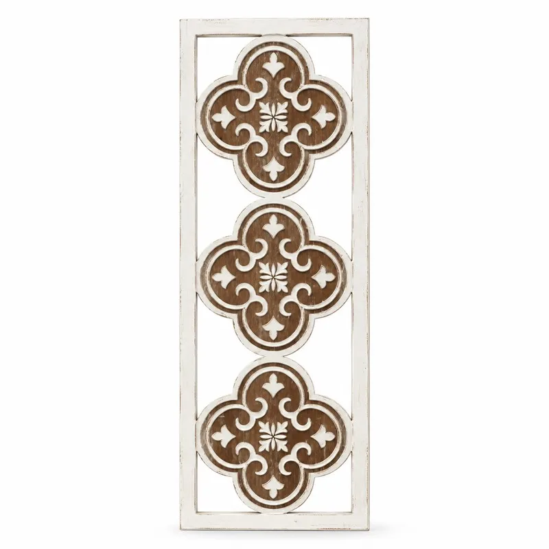 Vintage Quatrefoil Wall Decor Panel, Distressed MDF Carved Wall Art, French Country Farmhouse Hanging Decoration, 30 × 81 cm