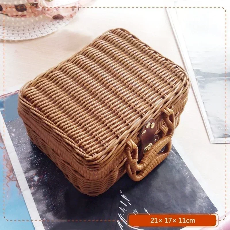 Retro PP Imitation Rattan Weaving Picnic Storage Basket Wicker Suitcase Hand Gift Box Woven Cosmetic Sundries Organizer Boxs