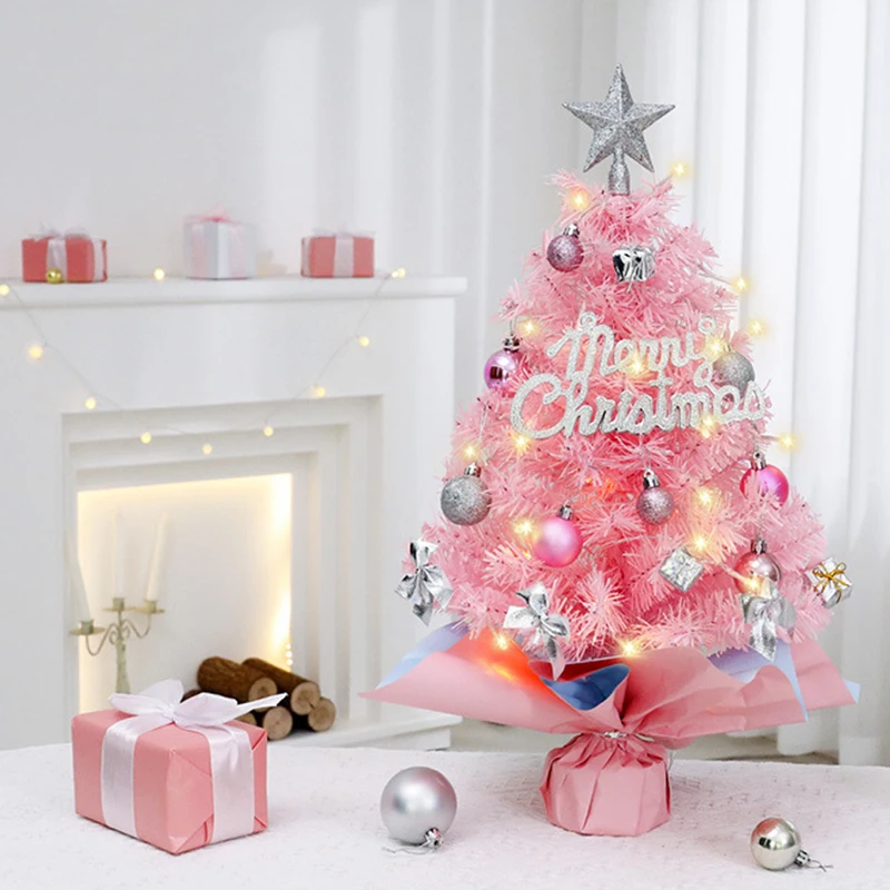 Mini Árvore de Natal Rosa com enfeites e enfeites, decoração de mesa, decoração festiva elegante para pequenos espaços, feriado, 45cm, 60cm