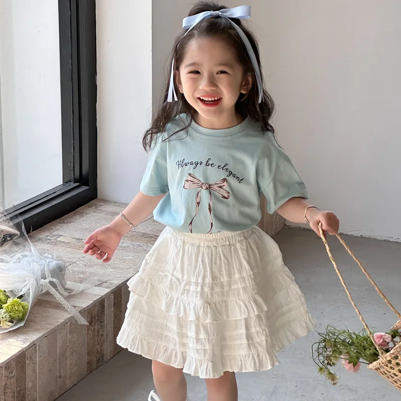 

INS Korean Baby Tshirt 2024 Summer New Girl's Bow Ribbon T Shirt Children Fashion Short-sleeved Tops or White Skirt