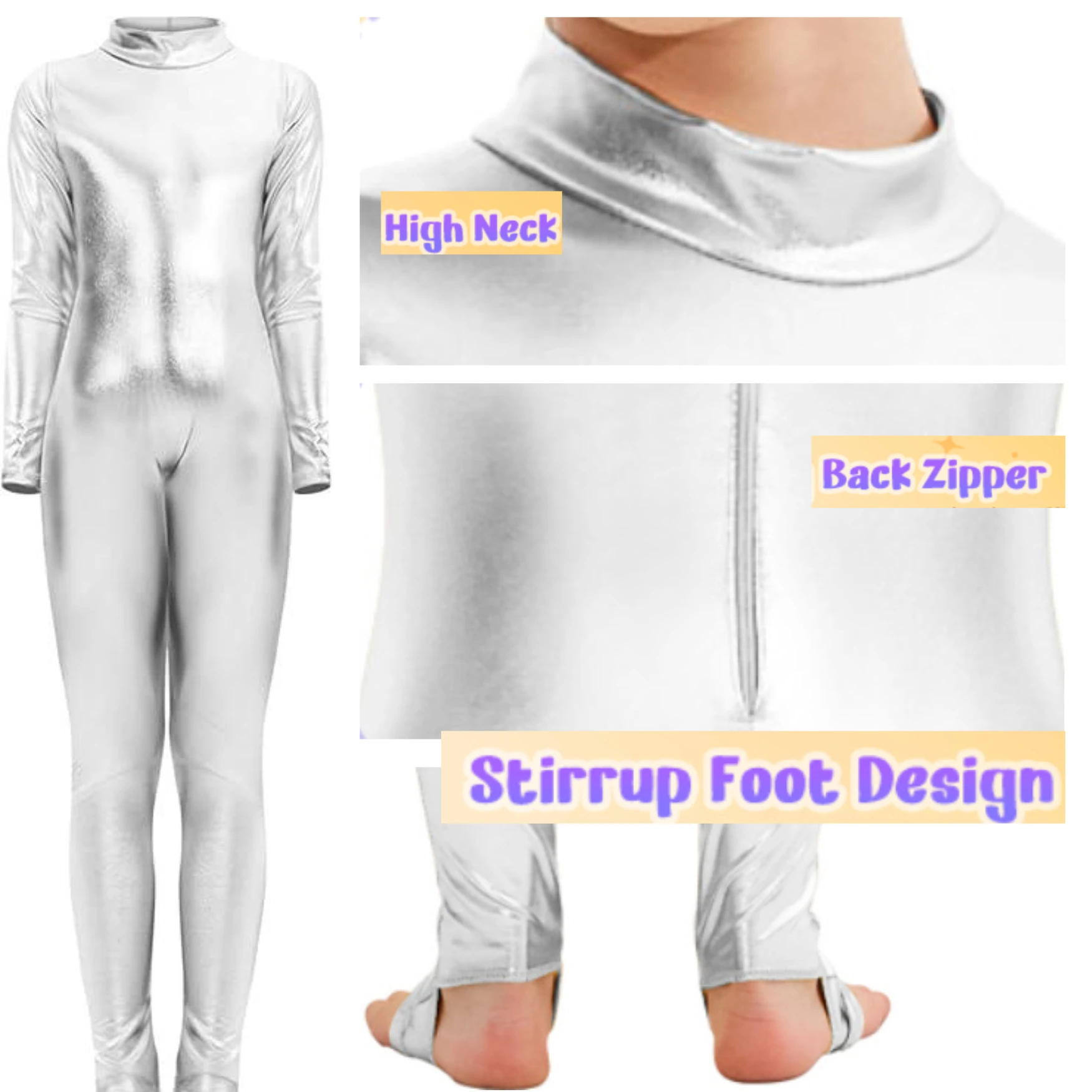 SPEERISE Ragazze Lucido Full Body Manica lunga Cerniera posteriore Dolcevita Staffa Unitard Bambini Ginnastica Danza Tute intere