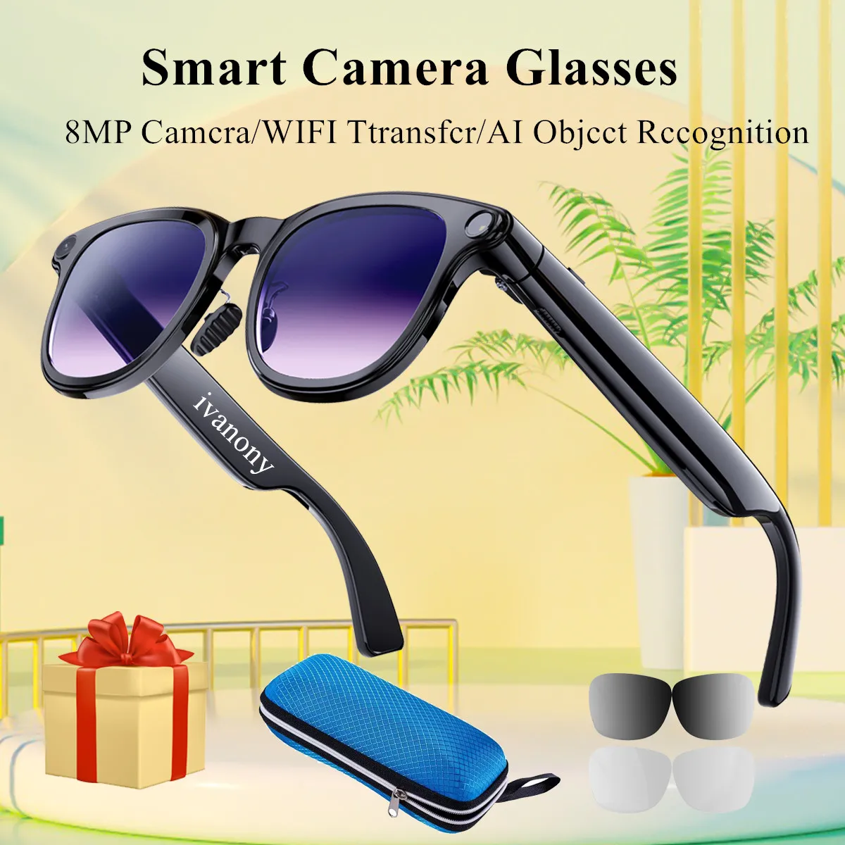 

Умные очки-камера 1200P для мужчин, Bluetooth 6.0, с защитой от дрожания, запись видео, 8 МП, распознавание объектов AI, умные видеоочки для женщин