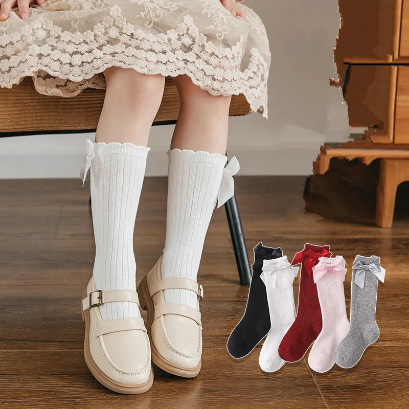 Red Bow Tie Knee High Tube Socks Girls\' Christmas Stockings Infants Toddlers Soft Cotton Children Non Slip Floor Socks Baby Gift