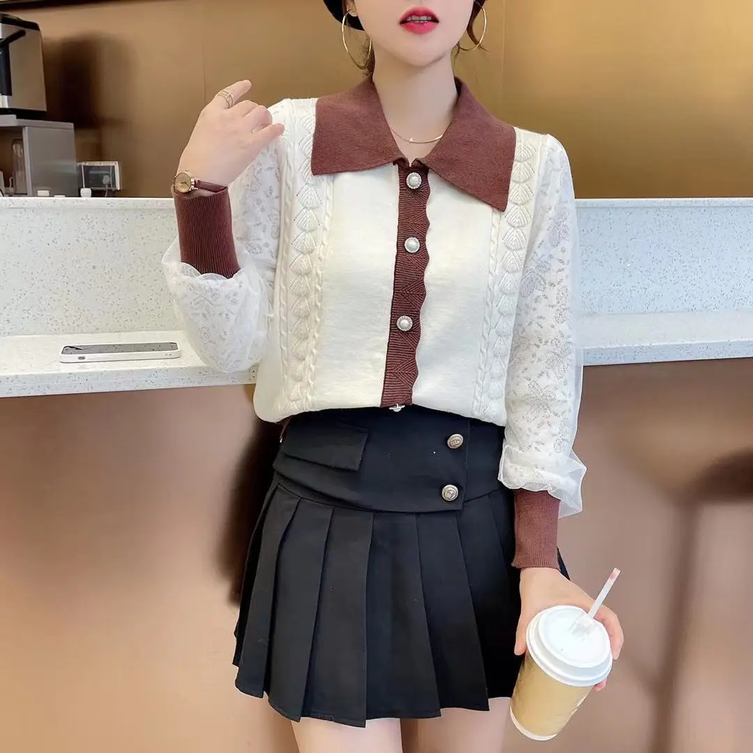 Camisola de malha feminina pullovers nova manga longa gola boneca retalhos camisola de malha pulôver feminino topos sueters de mujer q1179