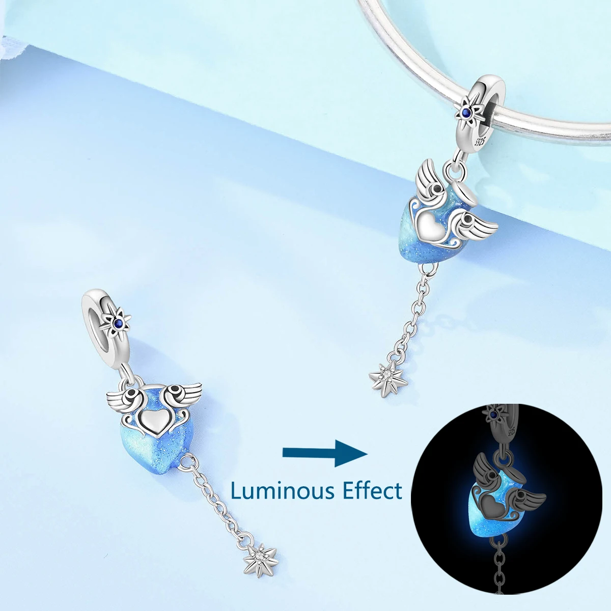 925 Sterling Silver Glow In The Dark Winged Heart Charm Blue Glitter Galaxy Enamel Angel Heart Pendant Fit Bracelet Jewelry Gift