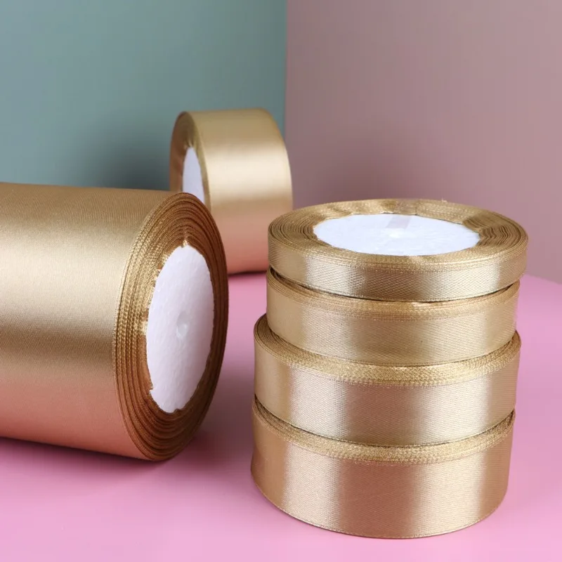 (25 Yards/roll) 10/15/20/25/40/50/75mm Champagne Gold Ribbon DIY Handmade Holiday Party Gift Packaging Decorative Ribbon