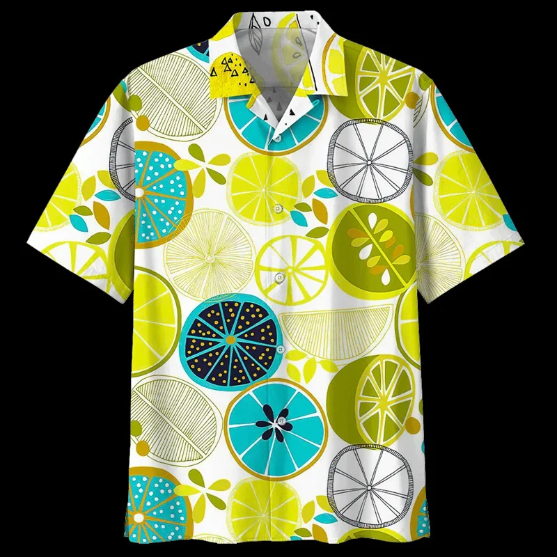 Lemon Pattern Aloha Shirt Men Tropical Fruits 3D Printed Short Sleeve Button Blouse Streetwear Oversized Lapel Hawaiian Shirts