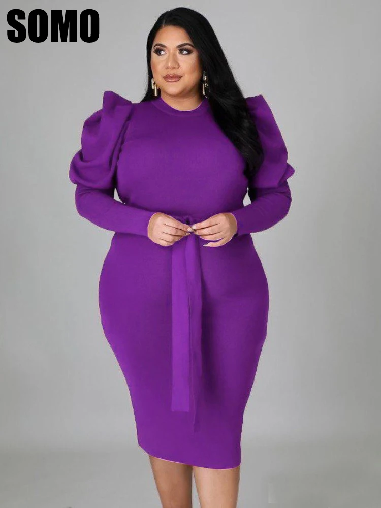 

SOMO Plus Size Casual Solid Color Commuter Medium Long Dress Women Long Sleeve Fashion O-Neck Slim Dress Wholesale Dropshipping