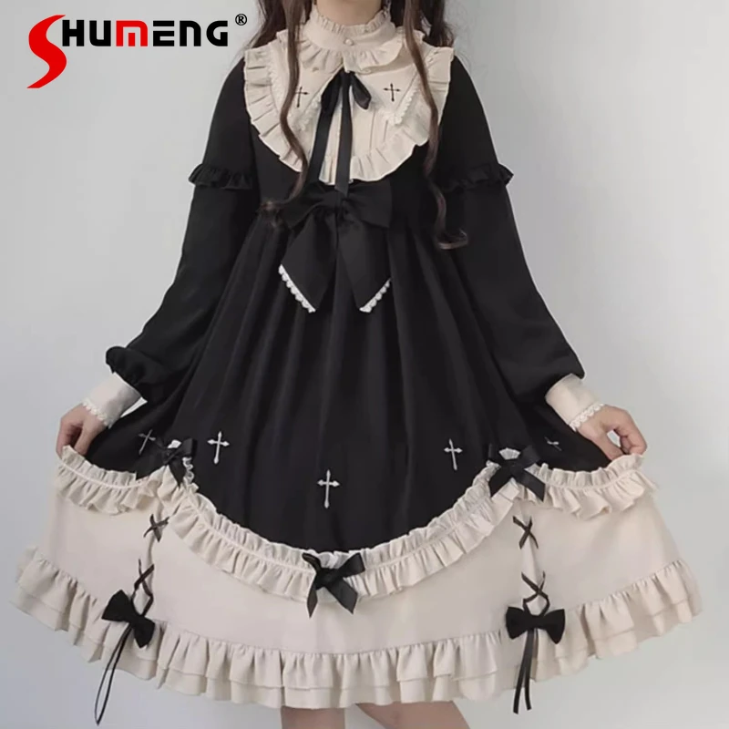 

Original Large Size Lolita Long Sleeve Dress OP Autumn Winter New Girl's High Waist Slim Sweet Cute Bow Dress Women Retro Dress