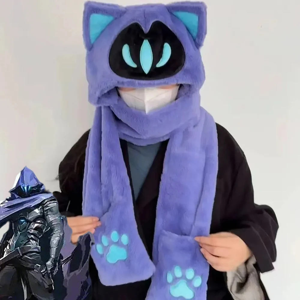 Game VALORANT Omen Cosplay Hat Autumn Winter Scarf Integrated Unisex Cute Cat Plush Cap Warm Christmas Costume