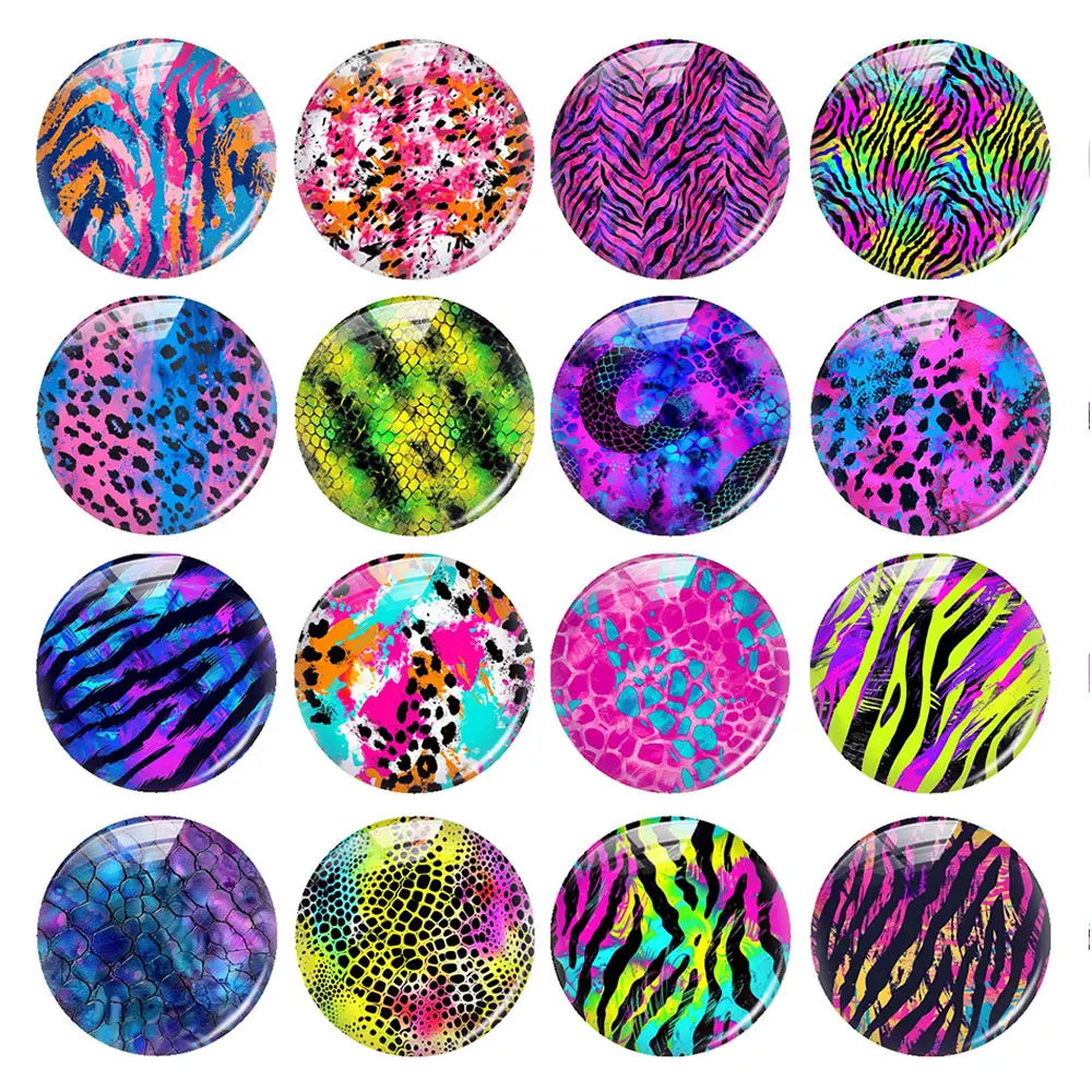 Random Mixed Round/Oval/Square Neon Rainbow Animal Print Leopard Photo Glass Cabochon Flatback Demo Cameo For Diy Jewelry Making