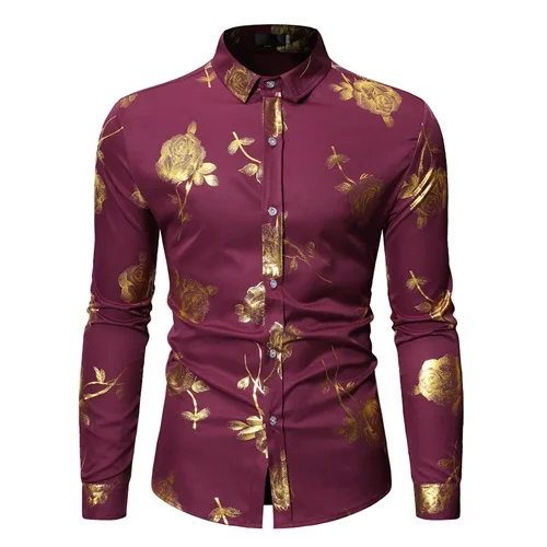 Mens Gold Rose Floral Print Shirts Brand Floral Steampunk Chemise White Long Sleeve Wedding Party Bronzing Camisa Masculina New