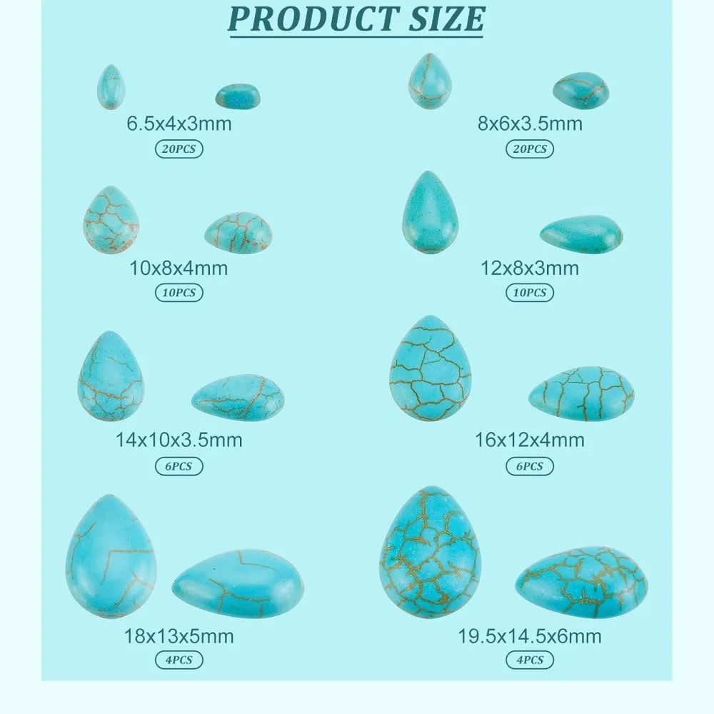 80 Pcs Cracked Stone Cabochon, 8 Size Teardrop Shape Gemstones Beads Dyed Synthetic Turquoise Cabochons for DIY Necklac