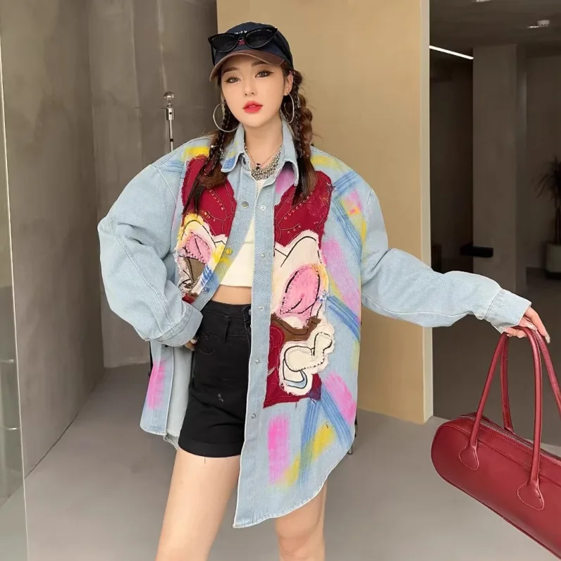 Trendy Brand Denim Jacket for Women Heavy Embellished with Rhinestones High-end Cartoon Shirt Design Mid-length Retro Cardigan