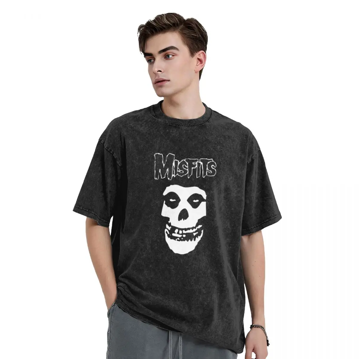 Misfits Skull woman Men Washed T-Shirt Hot stamping Print Tees,Harajuku Cotton Tshirt Men's Summer Short Sleeve Tees