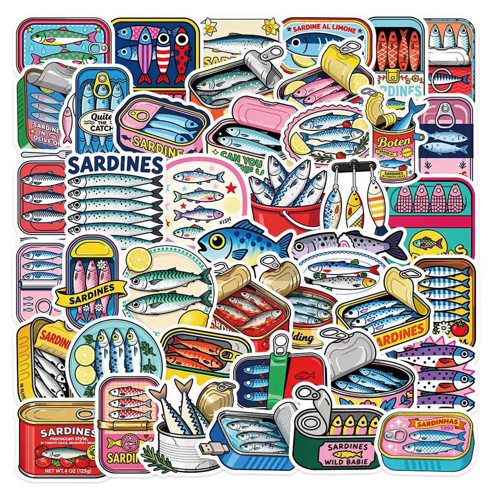 50 PCS Retro Canned Sardine Hand Drawn Fun Graffiti Stickers Lunch Box Cabinet Fridge Laptop Non Repeated Decorate Decals