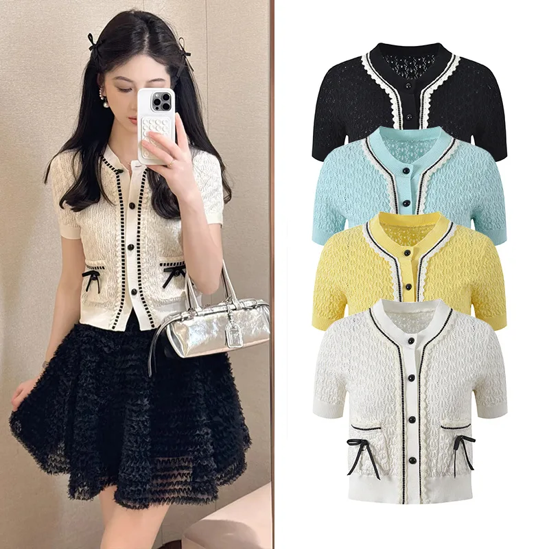 

Женский летний топ в европейском стиле с вырезами и узлами, вязаный, с коротким рукавом и круглым вырезом горловины