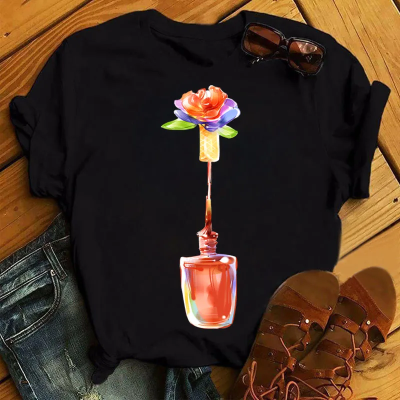 Camiseta Negra Para Mujer, Tops Con Estampado De Flores Para Chica, Camisetas Informales De Manga Corta, Camisetas Estampadas