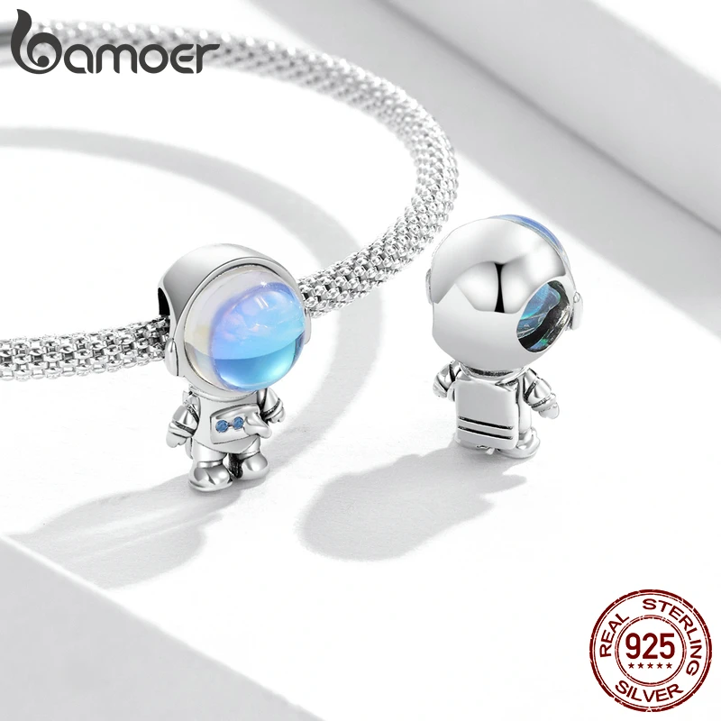 Bamoer 925 Sterling Silver Cute Astronaut Charm Eternal Sisterhood Moonstone Pendant Fit Female Bracelet Beads DIY Fine Jewelry
