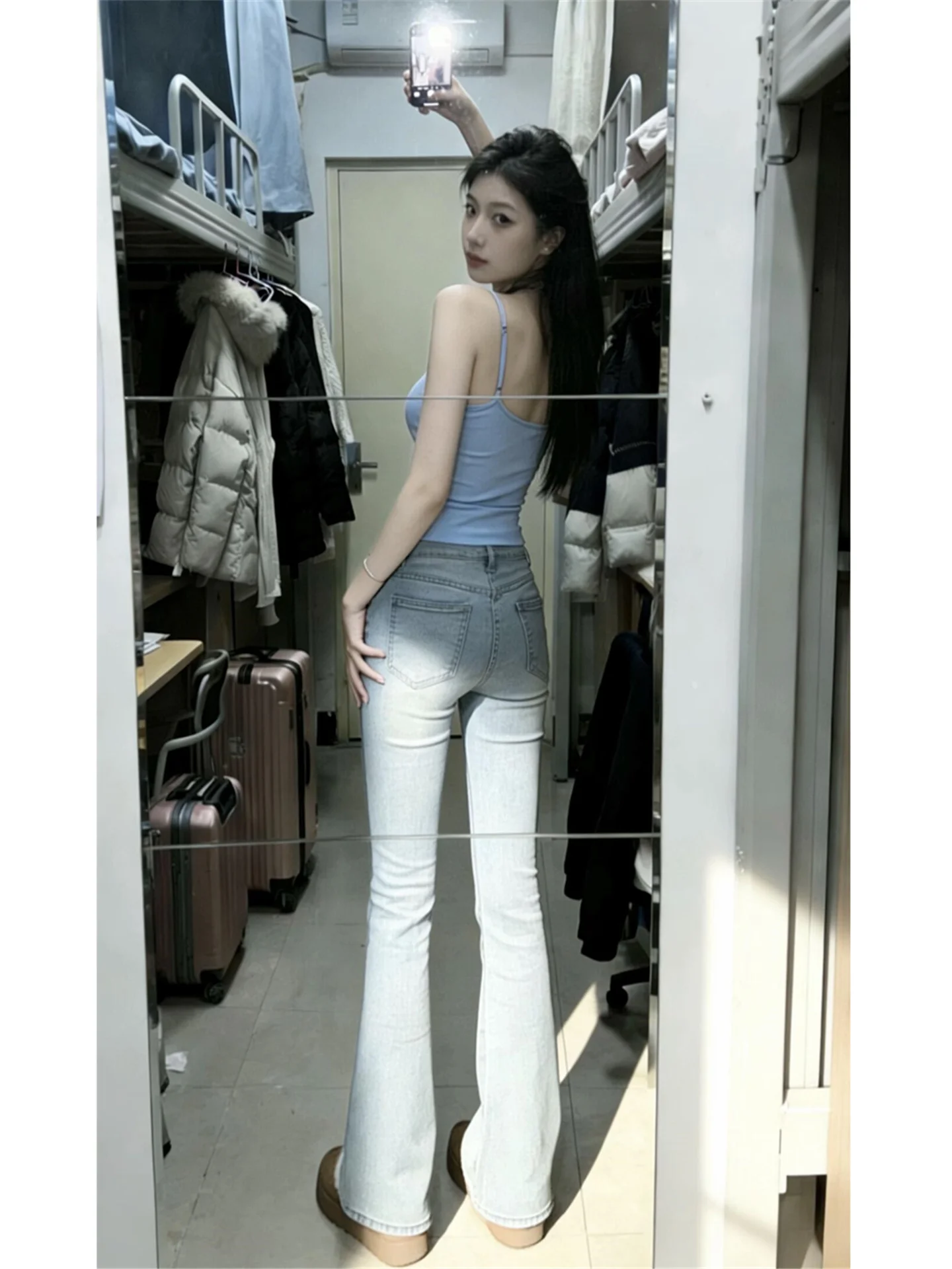 

Retro Light Blue Bell Bottom Jeans Women's High Waist Slimming Long Taller Casual Floor Length Pants Cotton Soft Washed
