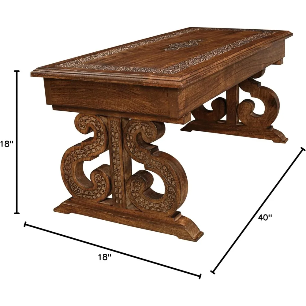 Vintage Mango Wood Rectangular Coffee Table - Rustic Living Room Centerpiece with Detailed Carving