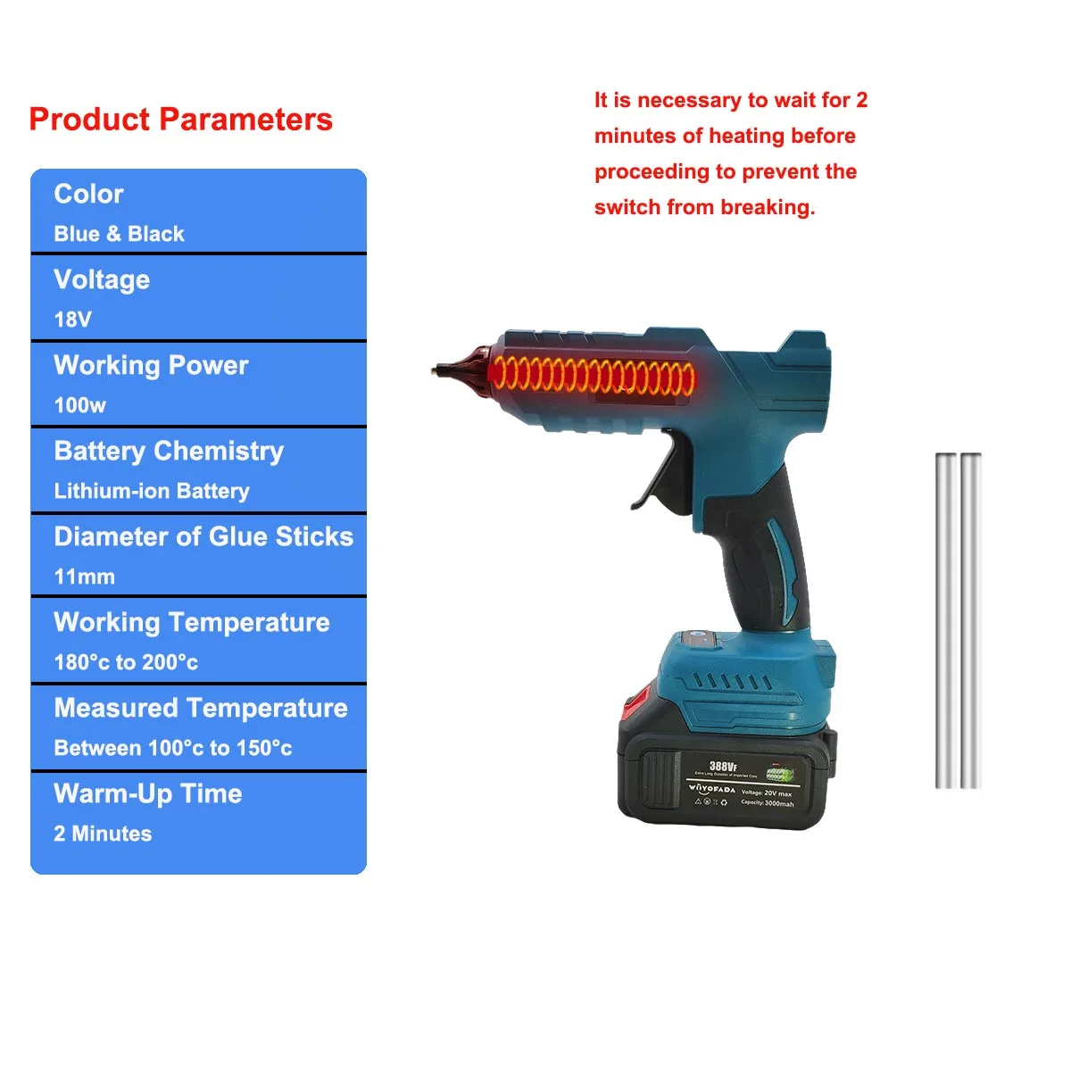 WOYOFADA pistola eléctrica de pegamento de fusión en caliente para batería Makita de 18V, agarre de pegamento eléctrico inalámbrico, barra de