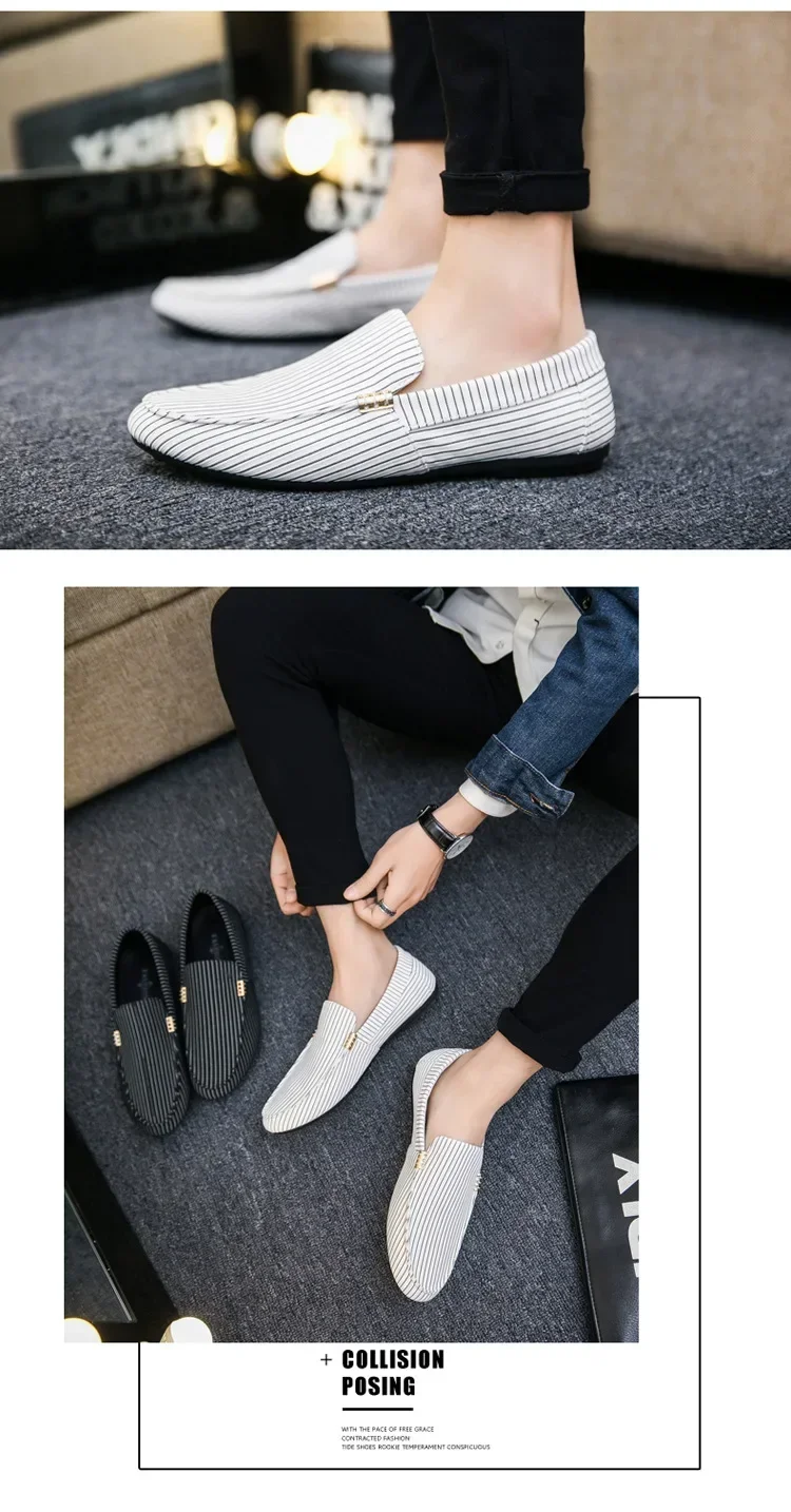 2024 New summer Men\'s Casual Trendy Shoes Striped Bean Shoes Men\'s Breathable and Durable Leisure Driving Shoes without laces