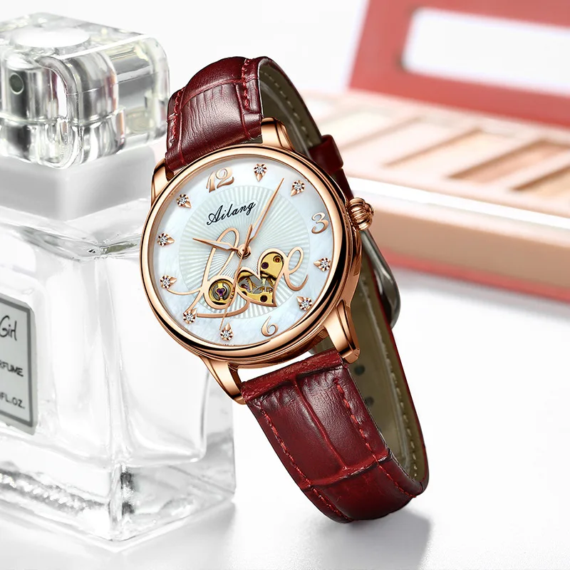 AILANG Brand Mechanical Women Watch Skeleton Automatic Wristwatch Mesh Leather Strap Waterproof Hollow Female Clock Reloj Mujer