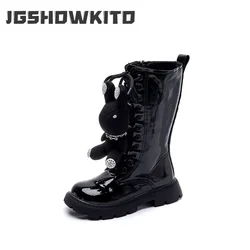 Winter 2022 New Baby Girls Long Boots PU Glossy Kids Fashion Versatile Casual Cute Doll Rabbit Black Narrow Band Knight Boots