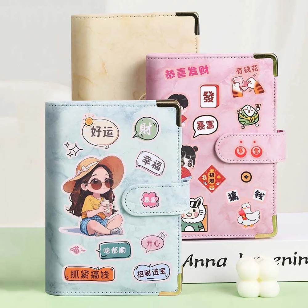 

A6 Cash Budget Ledger Magnetic Button Ruler Loose-leaf Notebook Time Organizer Cartoon Stickers PU Leather Folder Stationery