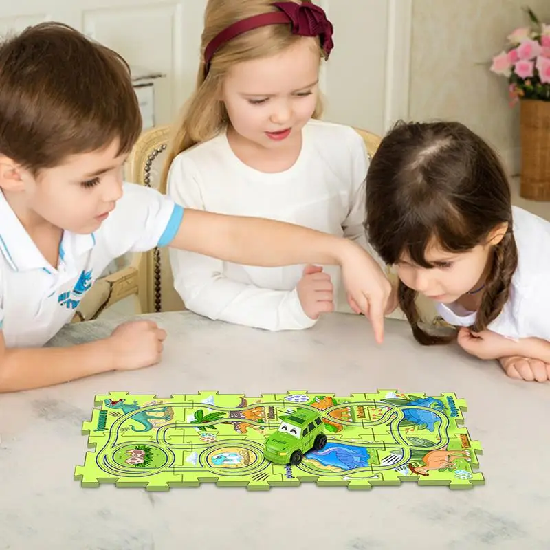 Puzzle Racer Auto Track Set Puzzle Rail Auto Spielzeug Rennstrecke Auto Spielset Feinmotorik Spielzeug Gebäude Spielzeug Dinosaurier Thema Pädagogisch