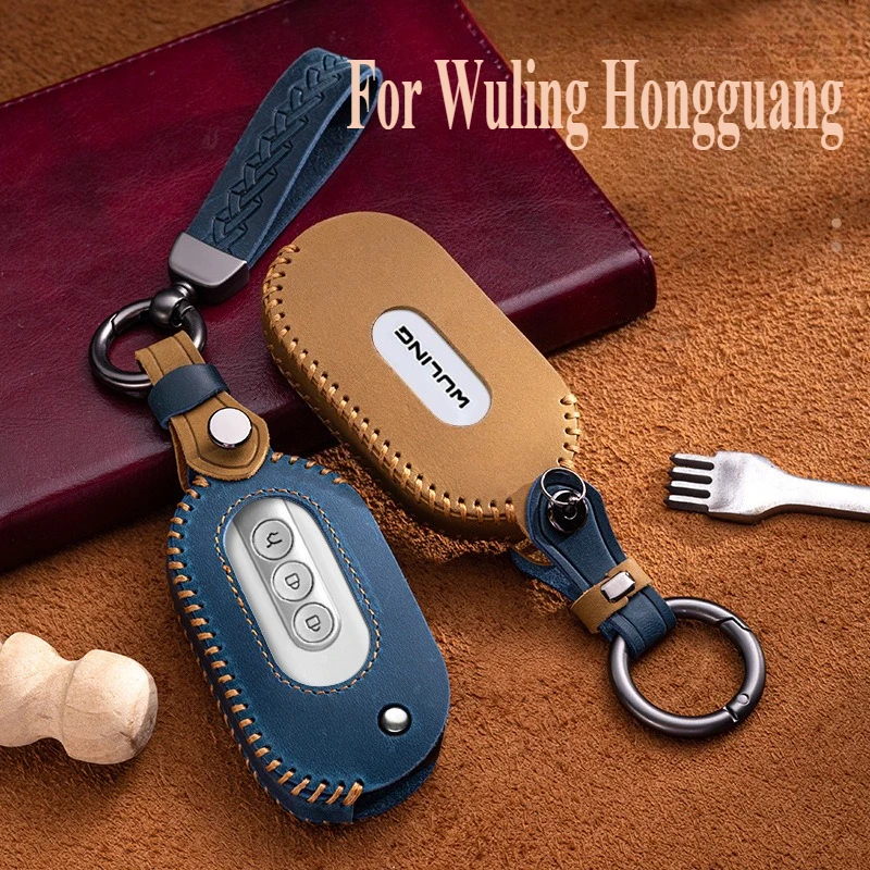 

Handmade Genuine Leather Car Fob Key Case Holder Cover Protector Shell Bag KeyChain For Wuling Hongguang S S1 3
